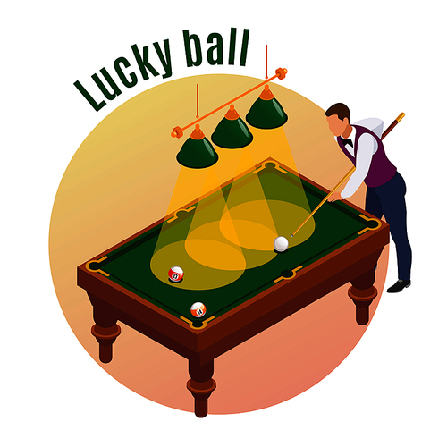 Billiards isometric composition with male player character aiming his stick to strike lucky ball into pocket vector illustration