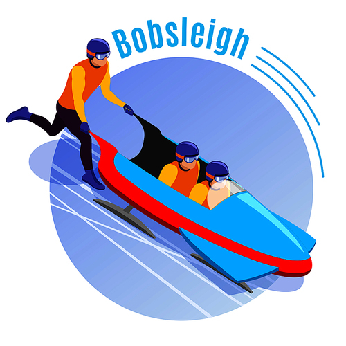 Bobsleigh round background with team of athletes  dispersing bobsled sleigh for downhill isometric vector illustration