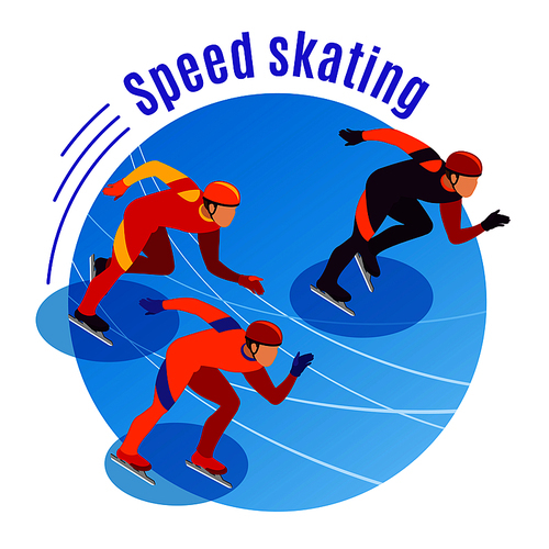 Speed skating round background with three sportsmen competing on treadmill isometric vector illustration