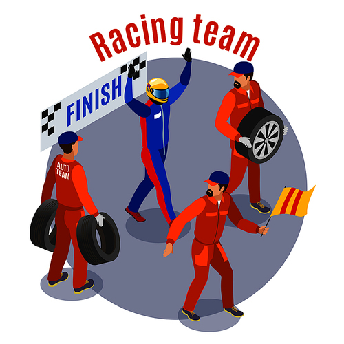 Racing sports composition with racinf team at finish symbols isometric vector illustration