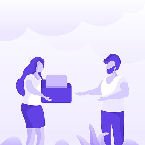 The woman passes the folder to the man. Vector illustration