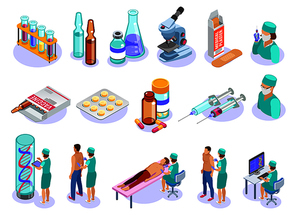 Set of isolated vaccination isometric icons with human characters of medical professionals patients and pharmaceutical drugs vector illustration