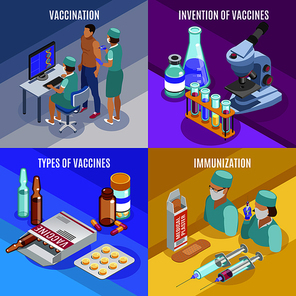 Vaccination isometric 2x2 design concept with compositions of medical supplies glass tubes with vaccines and people vector illustration