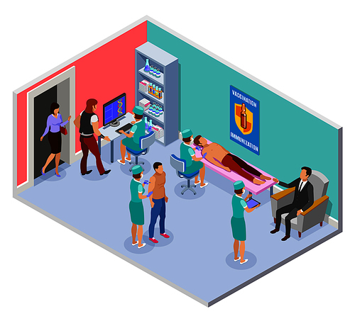 Vaccination isometric composition with view of hospital room with interior elements and medical workers administering injections vector illustration