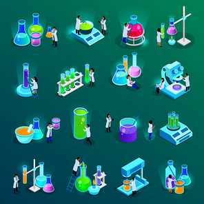 Vaccines development set of isometric icons with scientists and lab equipment isolated on green vector illustration