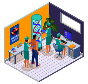 Vaccination isometric indoor composition with clinic surgery room interior elements and patient being vaccinated by doctors vector illustration