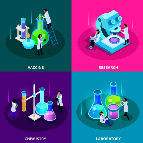 Vaccines development isometric design concept with laboratory research chemistry equipment and experiments isolated vector illustration