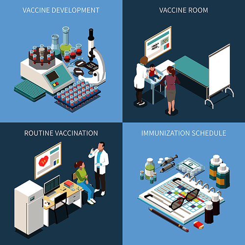 Vaccination 2x2 design concept set of vaccine development vaccine  room routine vaccination and  immunization schedule square icons isometric vector illustration