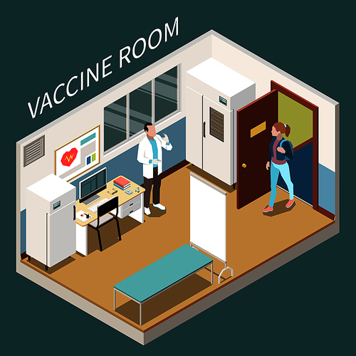 Vaccine room interior isometric composition with young woman who came to doctor for vaccination vector illustration