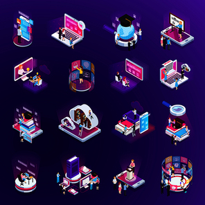 E-learning online training education virtual library distant tutors glow isometric icons set purple background vector illustration