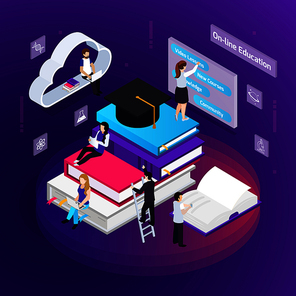 E-learning distance education colorful glow composition with students using virtual library personal support online vector illustration