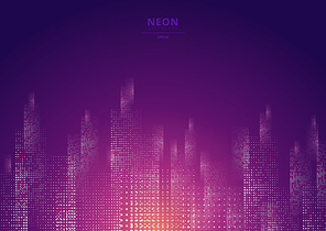 Cityscape on a dark background with bright and glowing neon purple and yellow lights. Futuristic night city. Cyberspace and retro style. Vector illustration