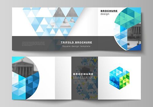 The minimal vector editable layout of square format covers design templates for trifold brochure, flyer, magazine. Blue color polygonal background with triangles, colorful mosaic pattern