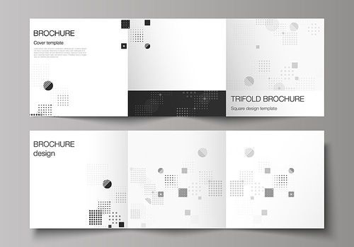 The black colored minimal vector illustration of editable layout. Modern creative covers design templates for trifold square brochure or flyer. Abstract vector background with fluid geometric shapes