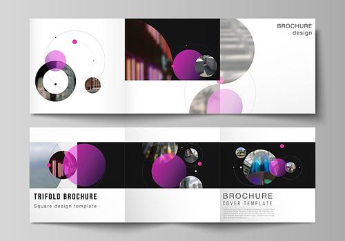 Vector layout of square format covers design templates for trifold brochure, flyer. Simple design futuristic concept. Creative background with pink circles and round shapes that form planets and stars.