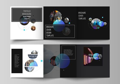 Vector layout of square format covers design templates for trifold brochure, flyer. Simple design futuristic concept. Creative background with blue circles and round shapes that form planets and stars.