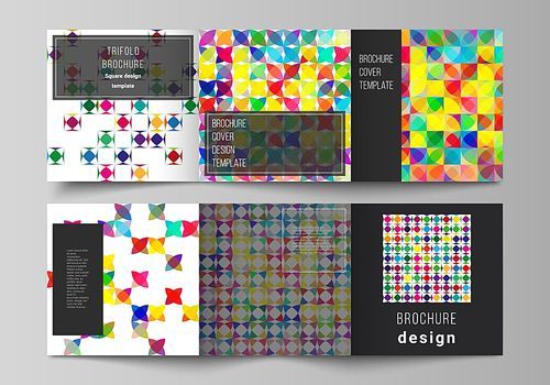 The minimal vector layout of square format covers design templates for trifold brochure, flyer, magazine. Abstract background, geometric mosaic pattern with bright circles, geometric shapes design