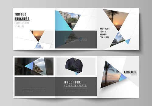 The minimal vector layout of square format covers design templates for trifold brochure, flyer, magazine. Creative modern background with blue triangles and triangular shapes. Simple design decoration.