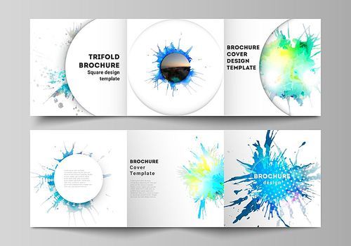 The minimal vector editable layout of square format covers design templates for trifold brochure, flyer, magazine. Colorful watercolor paint stains vector backgrounds