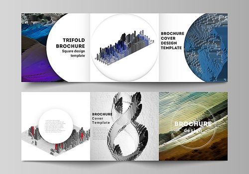 Vector layout of square format covers design templates for trifold brochure, flyer, magazine. Big data. Dynamic geometric background. Cubes pattern design with motion effect. 3d technology style