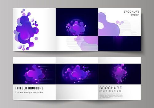 The black colored minimal vector layout. Modern creative covers design templates for trifold square brochure or flyer. Black background with fluid gradient, liquid blue colored geometric element