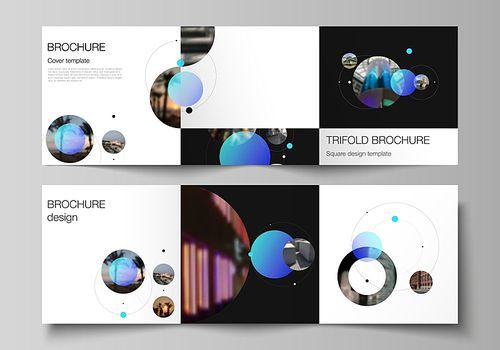 Vector layout of square format covers design templates for trifold brochure, flyer. Simple design futuristic concept. Creative background with blue circles and round shapes that form planets and stars.