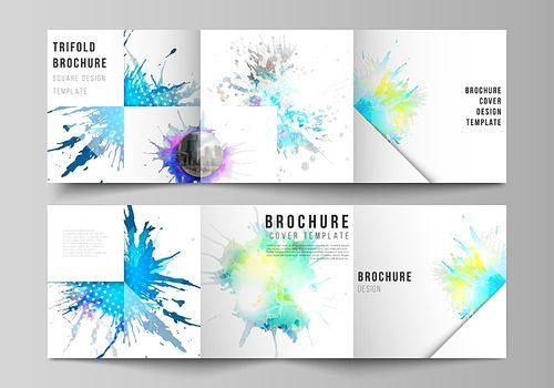 The minimal vector editable layout of square format covers design templates for trifold brochure, flyer, magazine. Colorful watercolor paint stains vector backgrounds