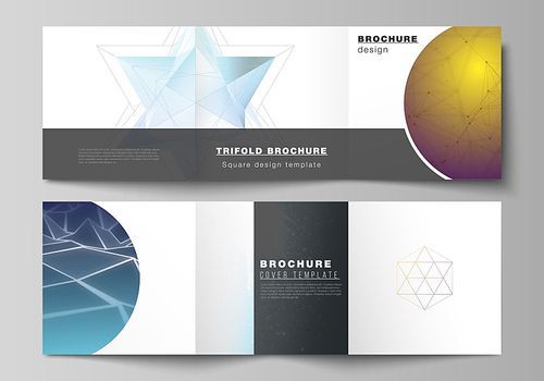 Vector layout of square format covers design templates for trifold brochure, flyer, magazine. 3d polygonal geometric modern design abstract background. Science or technology vector illustration