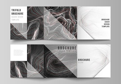 The black colored minimal vector illustration layout. Modern creative covers design templates for trifold square brochure or flyer. 3D grid surface, wavy vector background with ripple effect