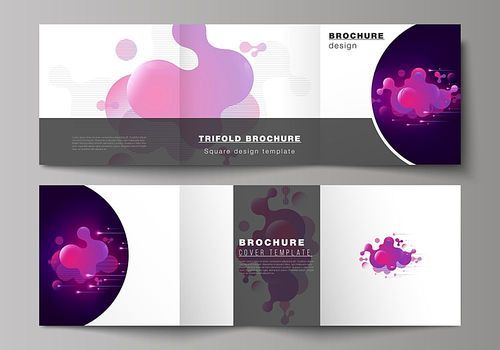The black colored minimal vector layout. Modern creative covers design templates for trifold square brochure or flyer. Black background with fluid gradient, liquid pink colored geometric element