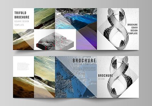 Vector layout of square format covers design templates for trifold brochure, flyer, magazine. Big data. Dynamic geometric background. Cubes pattern design with motion effect. 3d technology style