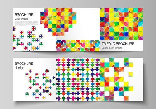 The minimal vector layout of square format covers design templates for trifold brochure, flyer, magazine. Abstract background, geometric mosaic pattern with bright circles, geometric shapes design