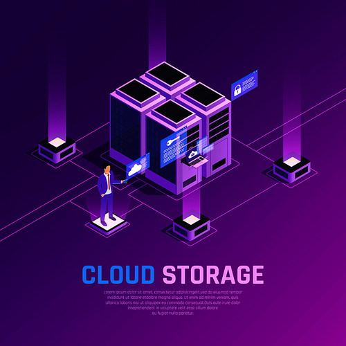Cloud office glow isometric composition with images of server units and human character with remote controller vector illustration