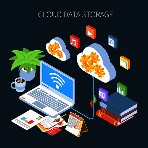 Cloud data storage isometric composition with personal information and media files on dark background vector illustration