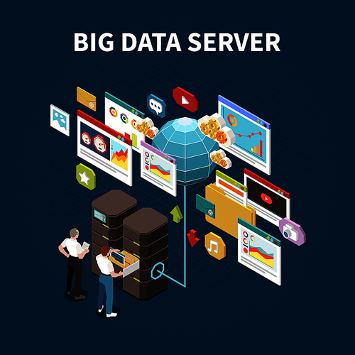 big data analytics isolated composition with dig data server headline and  of cloud storage vector illustration