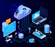 Cloud services isometric composition with big icons of cloud computing infrastructure elements connected with dashed lines vector illustration