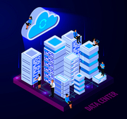 Cloud services isometric conceptual composition with images of server racks and little people characters with text vector illustration