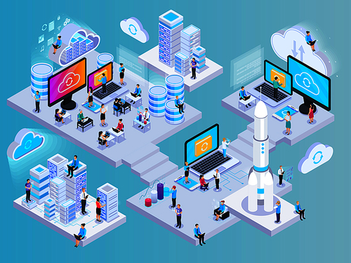 Cloud services isometric composition with conceptual images of network elements storage capsules and small human characters vector illustration