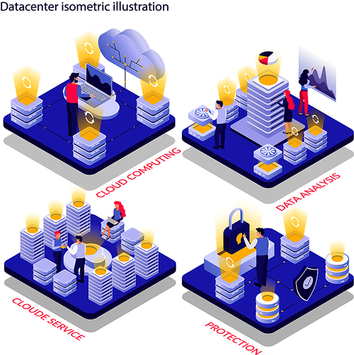 Data center concept 4 isometric compositions with cloud computing service data analysis and protection isolated vector illustration