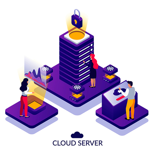 Datacenter secure cloud server service isometric composition with analytics virtually accessing data storage white background vector illustration