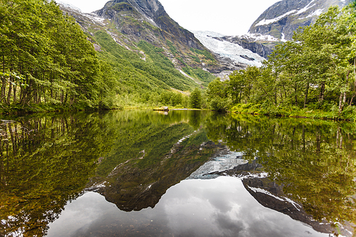 Boyabreen Glacier and lake landscape in Fjaerland area, Sogndal Municipality in Sogn og Fjordane county, Norway.