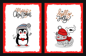 Christmas vector cards with penguin and holly jolly kitty. Merry Christmas greeting card with penguin in the warm hat that holding lovely red heart.