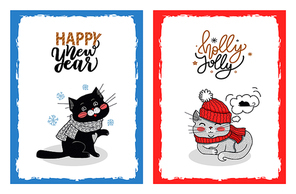 Christmas cards with greetings from kitty and cat. Vector illustration of black cat in the grey scarf and Holly Jolly kitty dreaming about mouse.