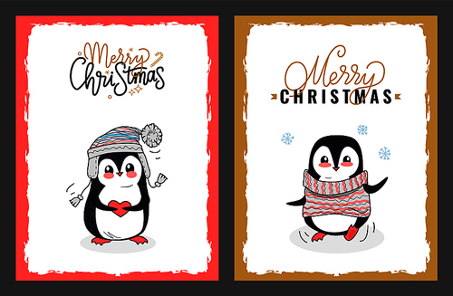 Merry Christmas greeting card with penguin in the warm hat that holding lovely red heart. Vector joyfull penguin wearing knitted striped sweater