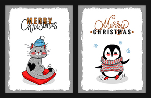 Merry Christmas greeting cards with penguin and cat. Vector kitten in knitted hat sitting on the pillow and joyful penguin in knitted striped scarf.