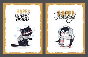 Happy New Year and Holidays greeting cards from black kitten in the knitted scarf and penguin with earmuffs. Vector New Year cartoon animals isolated