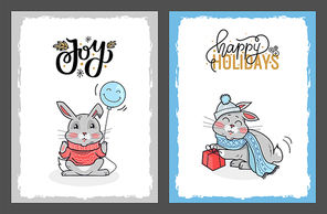 Clipart of rabbits on Happy Holidays cards. Joyful rabbit with the blue balloon wanted us to joy these holidays. Vector rabbit with the red present.