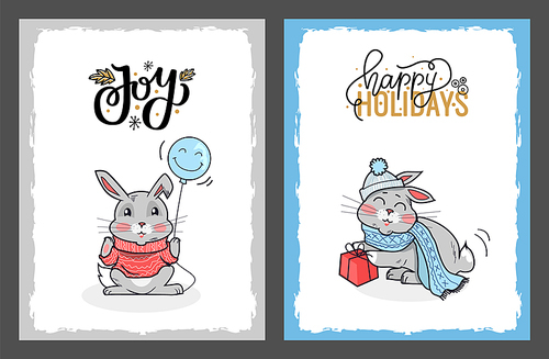 Clipart of rabbits on Happy Holidays cards. Joyful rabbit with the blue balloon wanted us to joy these holidays. Vector rabbit with the red present.
