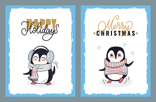 Happy Holidays, Merry Christmas greeting cards. Vector penguin wearing winter earmuffs and knitted striped scarf. Cartoon penguin in knitted sweater.