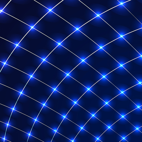 Abstract distort squares lines grid pattern with circles laser light on blue background technology concept. Geometric template design for cover brochure, banner web, presentation, etc. Vector illustration